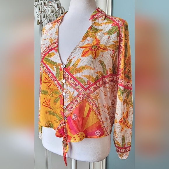 Haute Hippie Cropped Tie Waist Blouse Womens S Vibrant Multi Tropical Pineapples - Picture 2 of 11